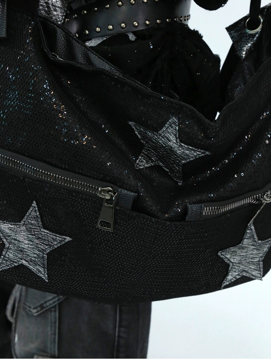 NANAICHILLI Shiny Sequin Modern Unisex Bucket Tote Casual Black Polyester Bag