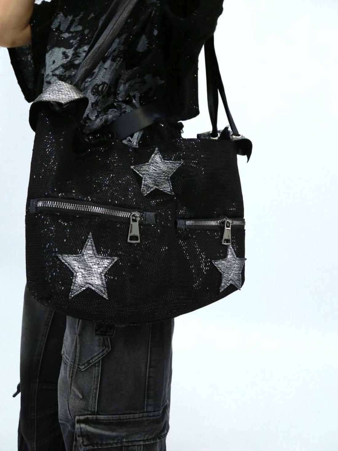 NANAICHILLI Shiny Sequin Modern Unisex Bucket Tote Casual Black Polyester Bag