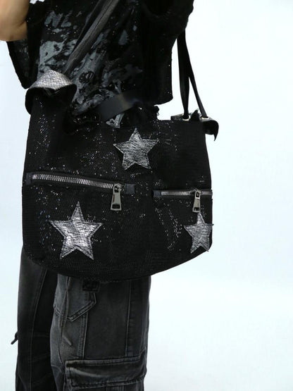 NANAICHILLI Shiny Sequin Modern Unisex Bucket Tote Casual Black Polyester Bag