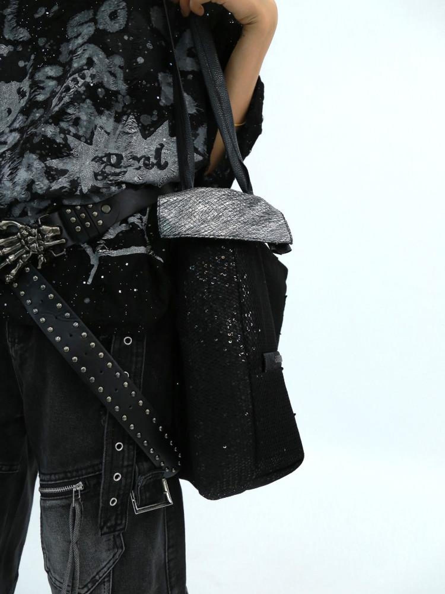 NANAICHILLI Shiny Sequin Modern Unisex Bucket Tote Casual Black Polyester Bag