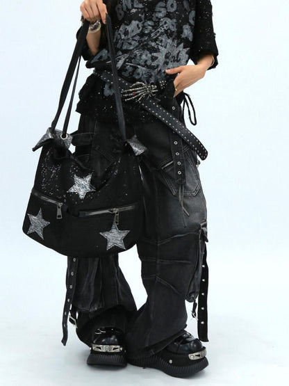 NANAICHILLI Shiny Sequin Modern Unisex Bucket Tote Casual Black Polyester Bag