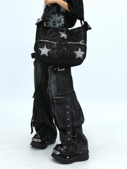 NANAICHILLI Shiny Sequin Modern Unisex Bucket Tote Casual Black Polyester Bag