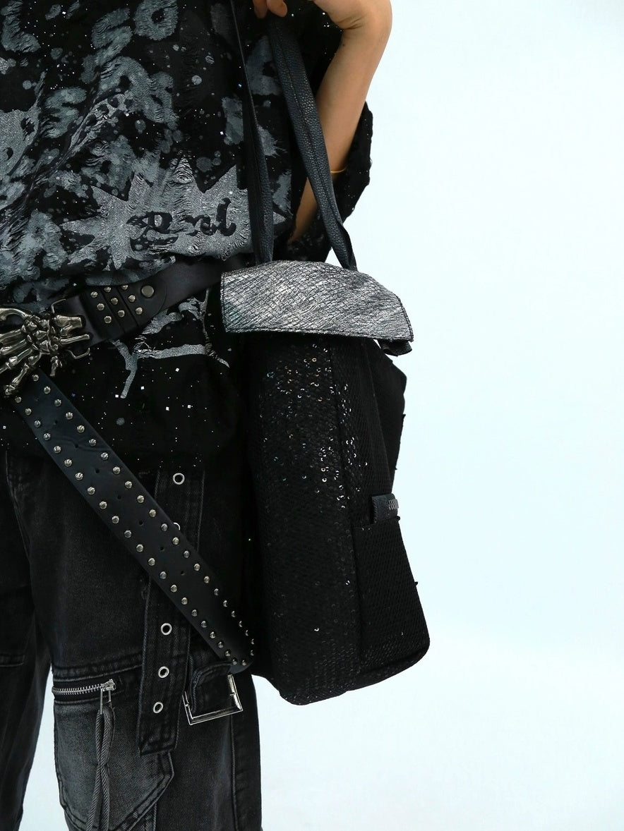 NANAICHILLI Shiny Sequin Modern Unisex Bucket Tote Casual Black Polyester Bag