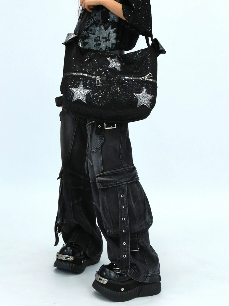 NANAICHILLI Shiny Sequin Modern Unisex Bucket Tote Casual Black Polyester Bag