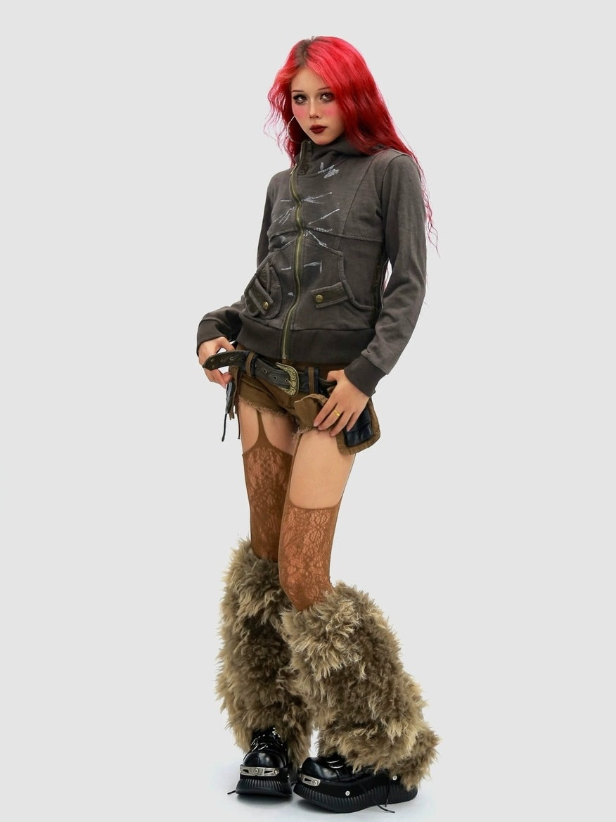 NANAICHILLI Slimming Cotton Blend Hooded Zip Cropped Cinched Waist Women Utility Jacket