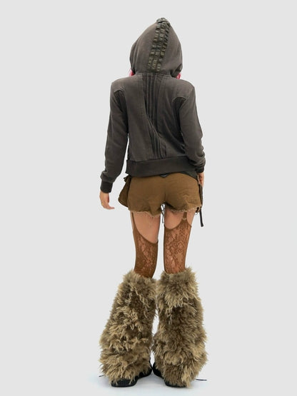 NANAICHILLI Slimming Cotton Blend Hooded Zip Cropped Cinched Waist Women Utility Jacket