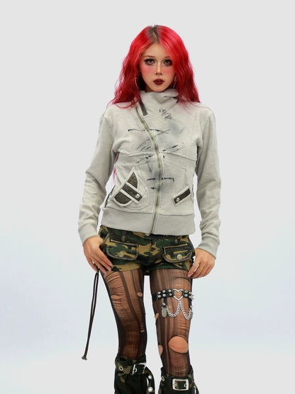 NANAICHILLI Slimming Cotton Blend Hooded Zip Cropped Cinched Waist Women Utility Jacket