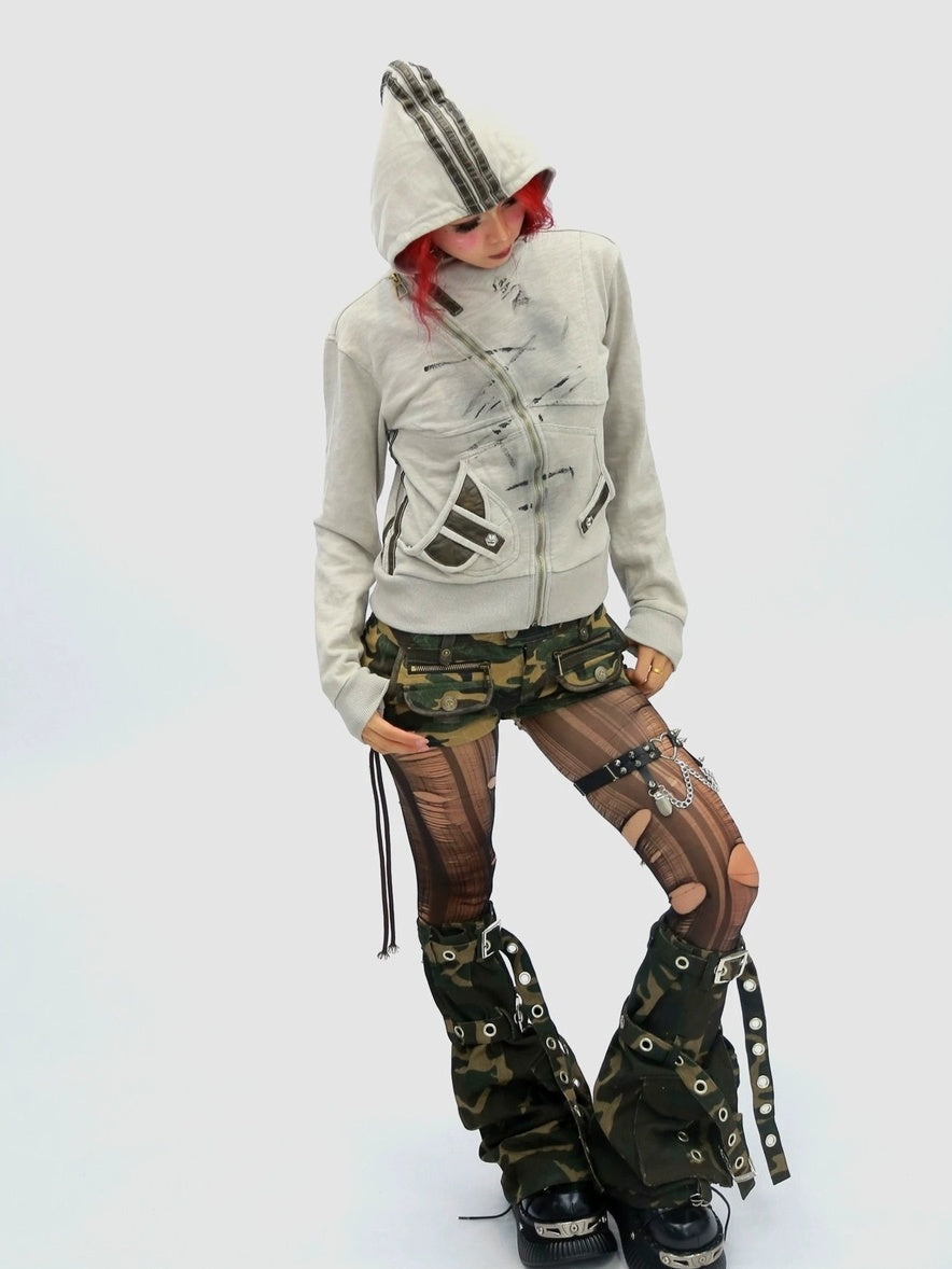 NANAICHILLI Slimming Cotton Blend Hooded Zip Cropped Cinched Waist Women Utility Jacket