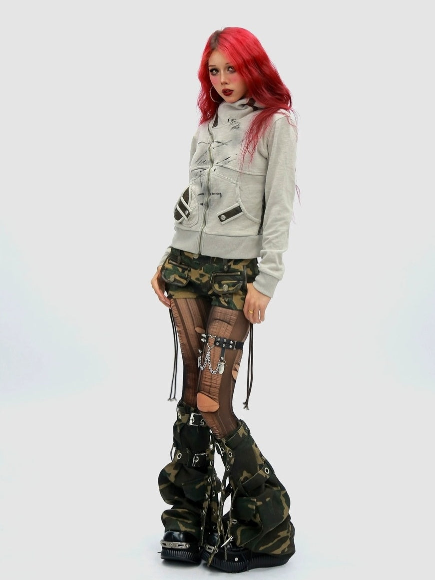 NANAICHILLI Slimming Cotton Blend Hooded Zip Cropped Cinched Waist Women Utility Jacket