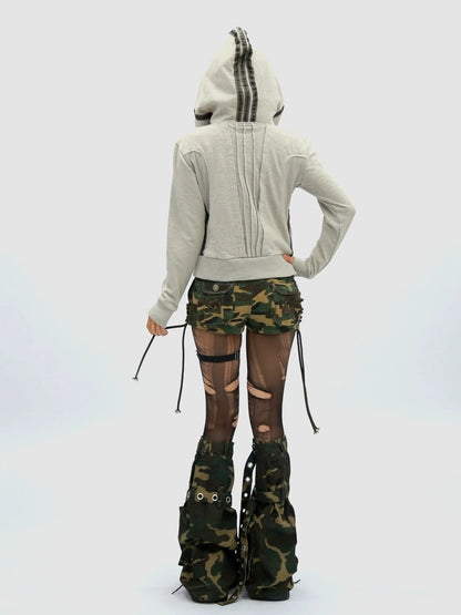 NANAICHILLI Slimming Cotton Blend Hooded Zip Cropped Cinched Waist Women Utility Jacket