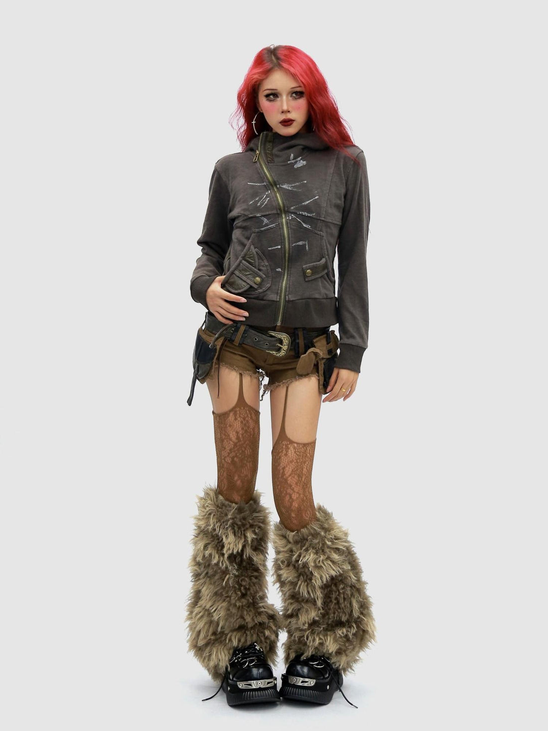 NANAICHILLI Slimming Cotton Blend Hooded Zip Cropped Cinched Waist Women Utility Jacket