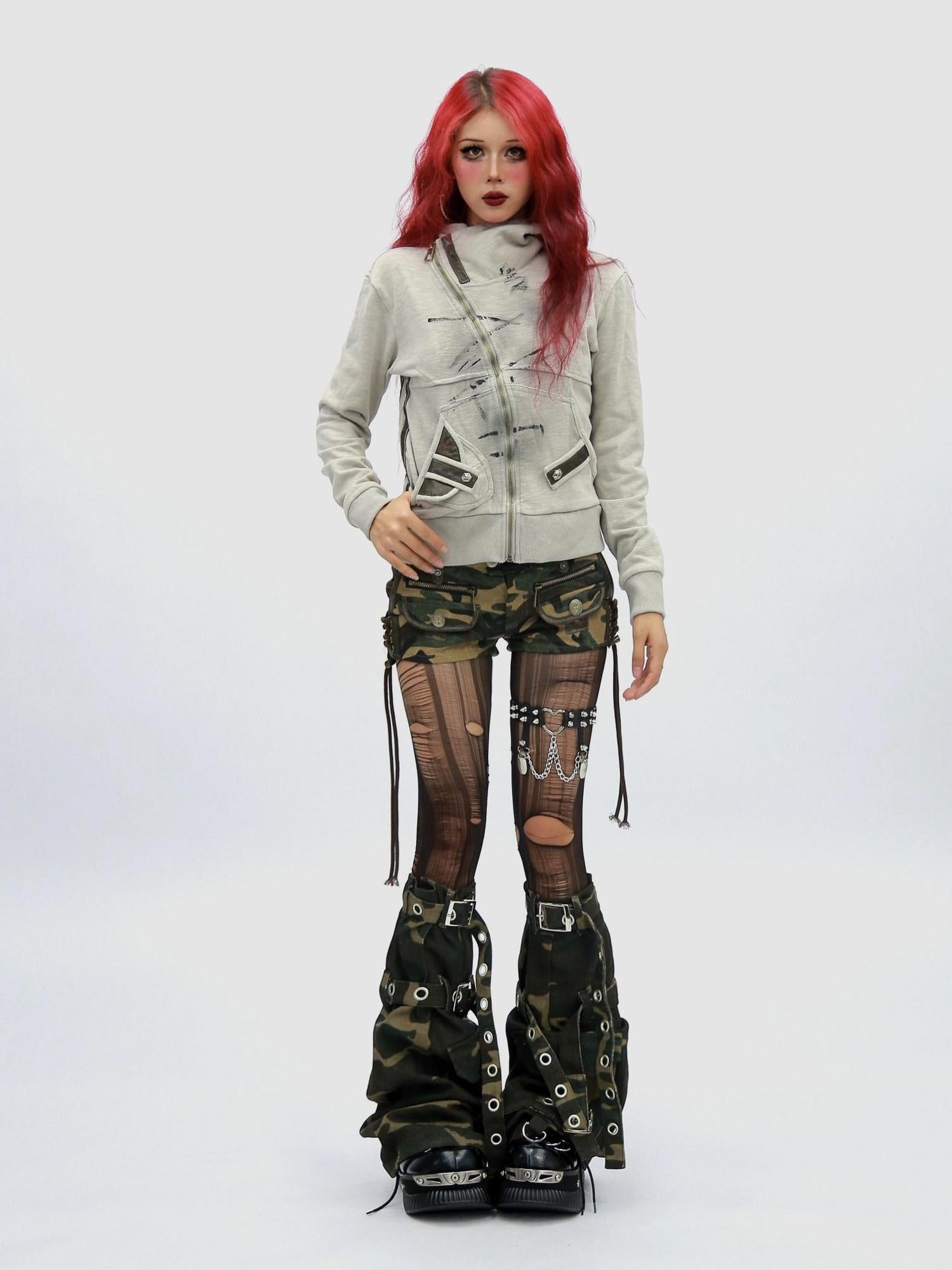 NANAICHILLI Slimming Cotton Blend Hooded Zip Cropped Cinched Waist Women Utility Jacket