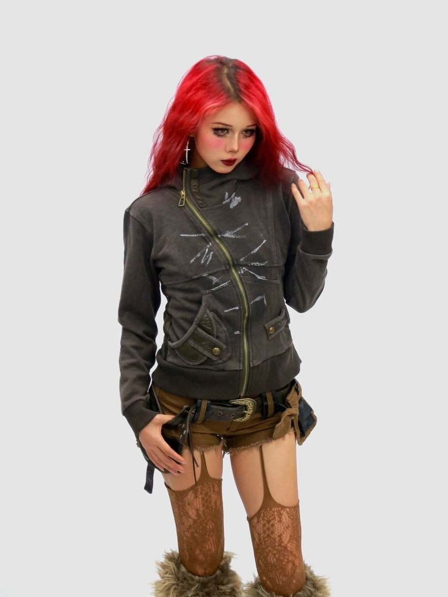 NANAICHILLI Slimming Cotton Blend Hooded Zip Cropped Cinched Waist Women Utility Jacket