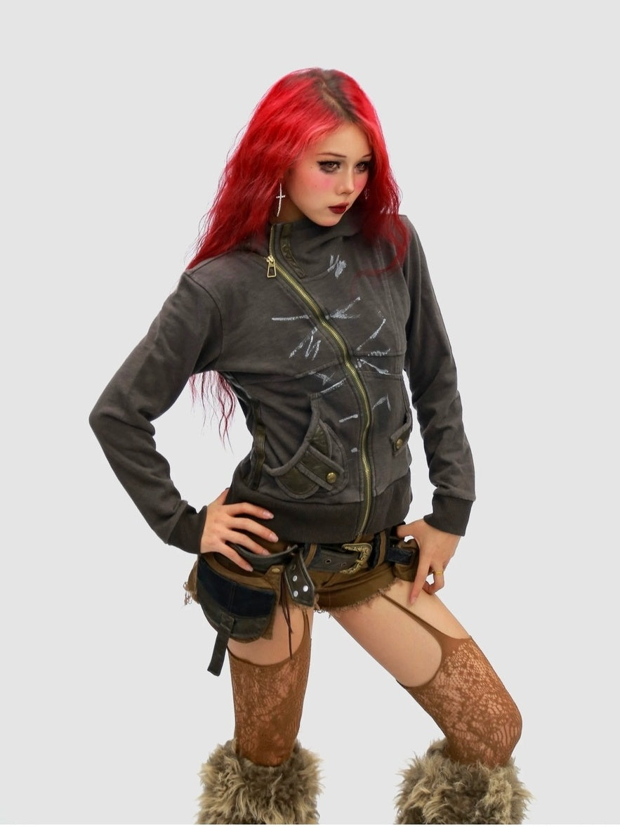 NANAICHILLI Slimming Cotton Blend Hooded Zip Cropped Cinched Waist Women Utility Jacket