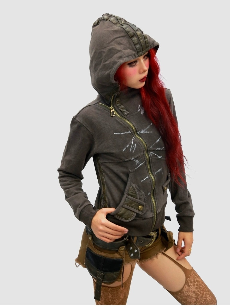 NANAICHILLI Slimming Cotton Blend Hooded Zip Cropped Cinched Waist Women Utility Jacket