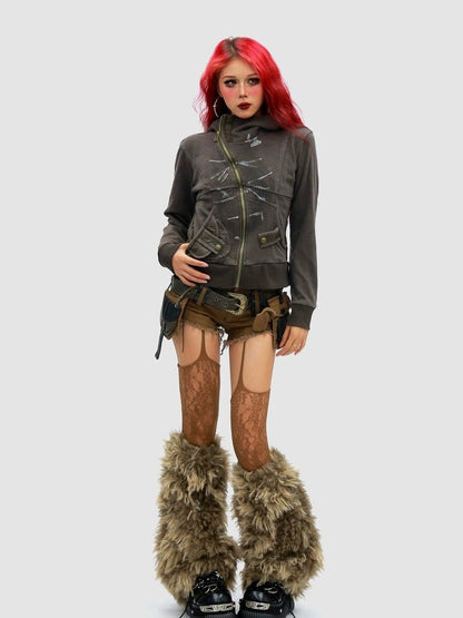 NANAICHILLI Slimming Cotton Blend Hooded Zip Cropped Cinched Waist Women Utility Jacket