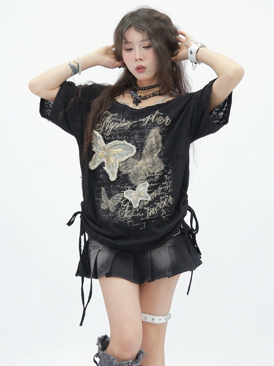 NANAICHILLI Soft Breathable Casual Loose Asymmetric Neck Women Mist Butterfly Print T-Shirt