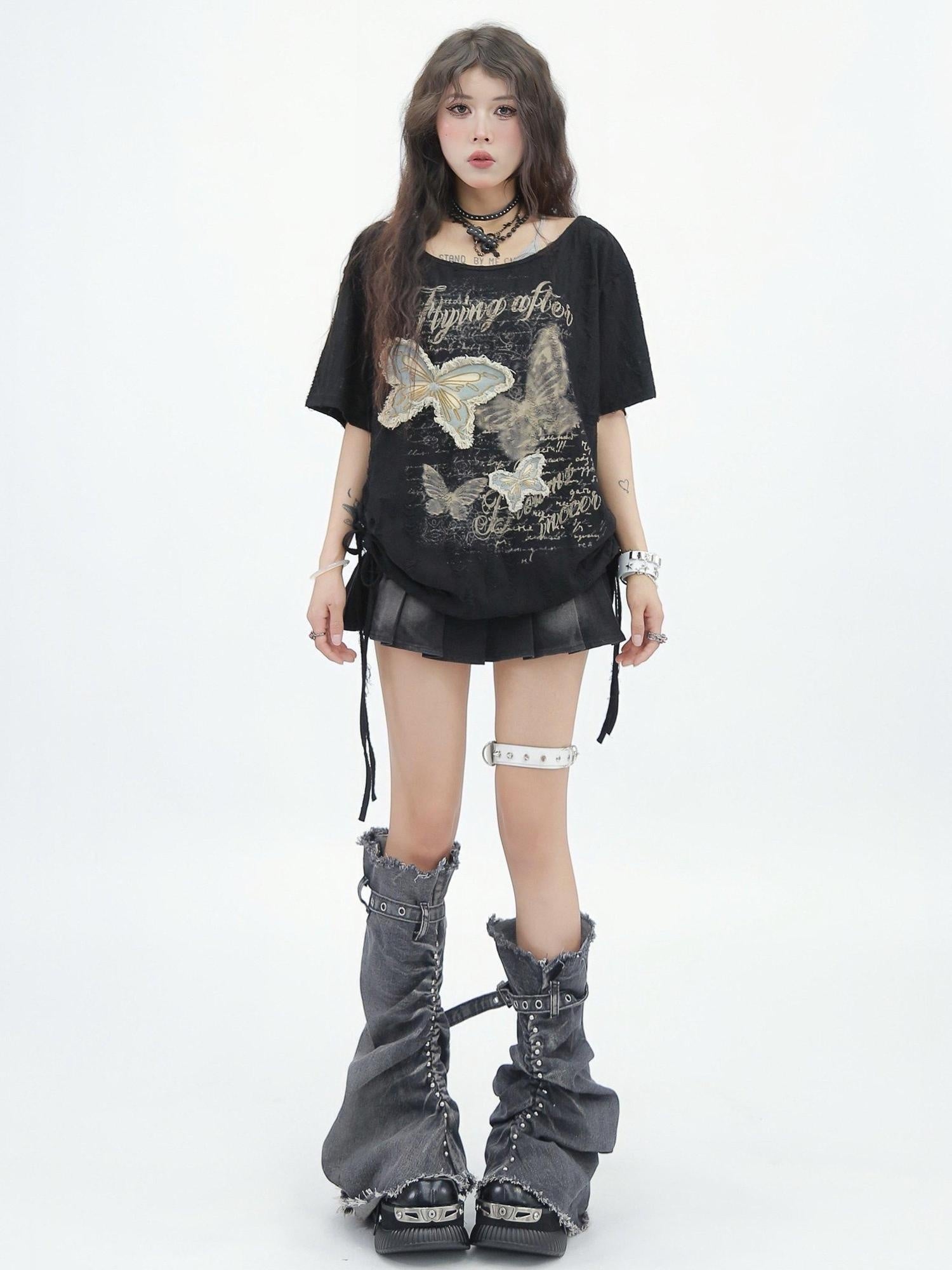 NANAICHILLI Soft Breathable Casual Loose Asymmetric Neck Women Mist Butterfly Print T-Shirt