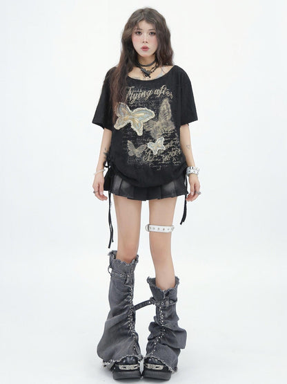 NANAICHILLI Soft Breathable Casual Loose Asymmetric Neck Women Mist Butterfly Print T-Shirt