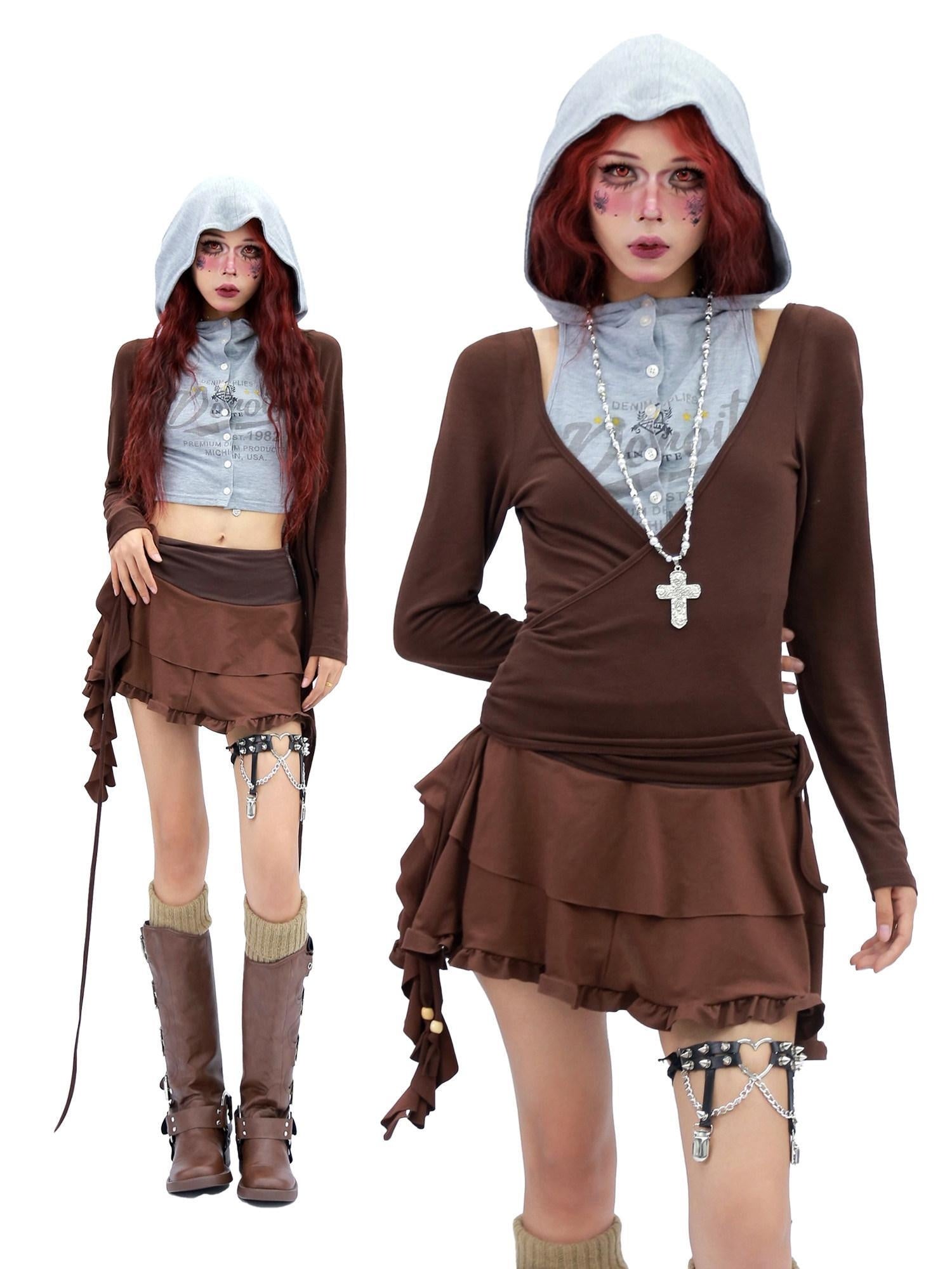 NANAICHILLI Soft Breathable Stretch Casual Slim Fit Young Adult Brown Long Sleeve T-Shirt