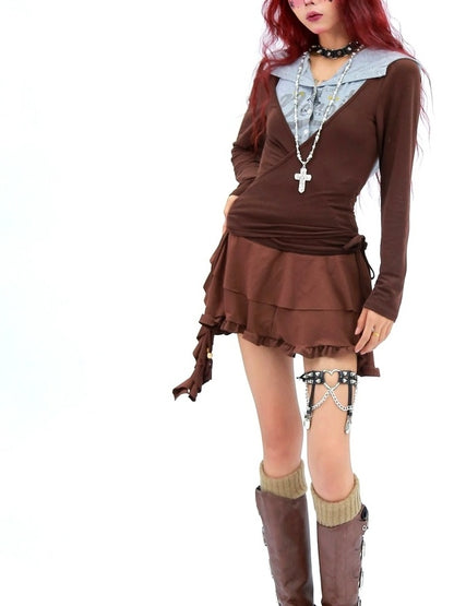 NANAICHILLI Soft Breathable Stretch Casual Slim Fit Young Adult Brown Long Sleeve T-Shirt