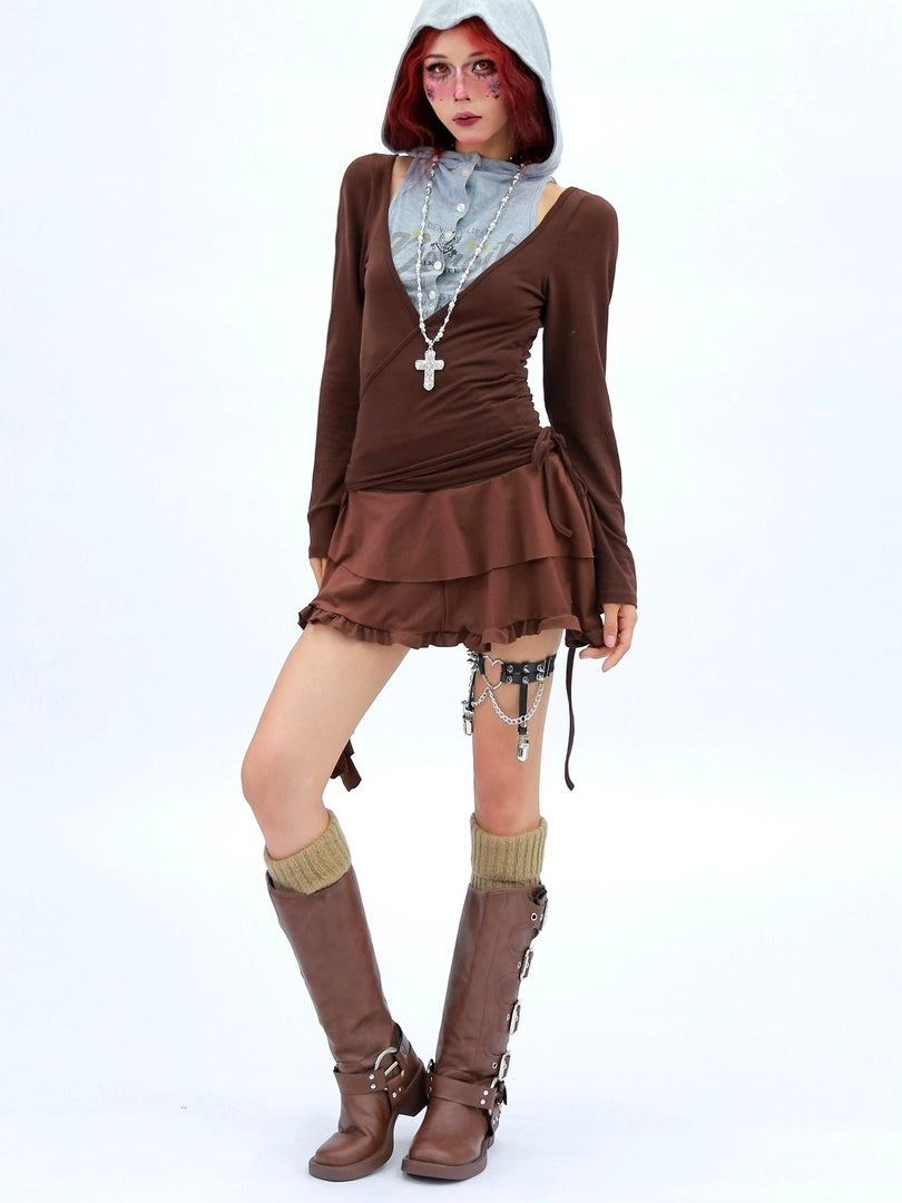 NANAICHILLI Soft Breathable Stretch Casual Slim Fit Young Adult Brown Long Sleeve T-Shirt