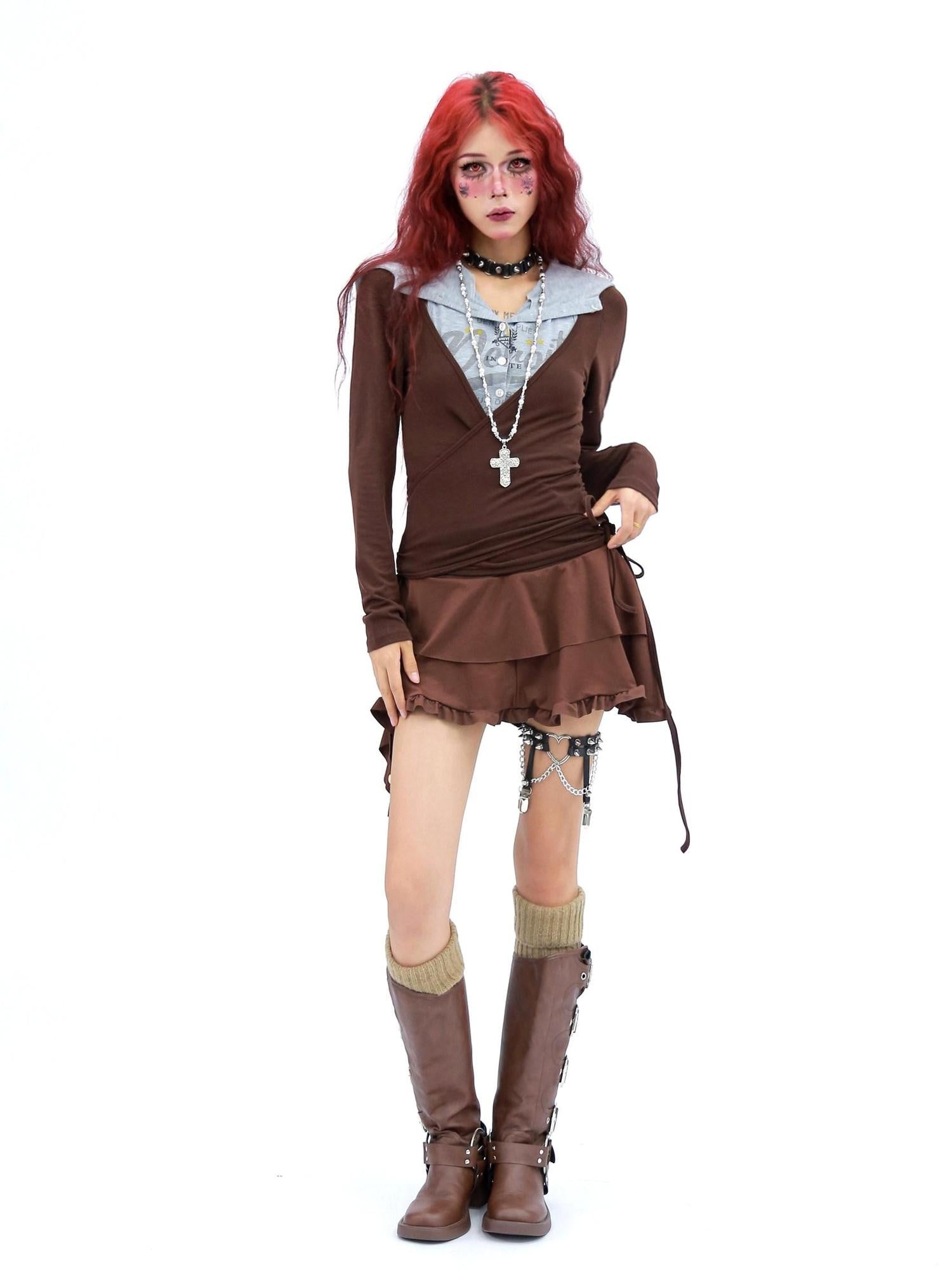 NANAICHILLI Soft Breathable Stretch Casual Slim Fit Young Adult Brown Long Sleeve T-Shirt