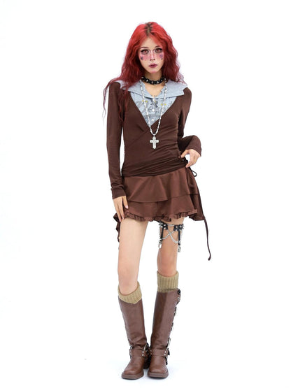 NANAICHILLI Soft Breathable Stretch Casual Slim Fit Young Adult Brown Long Sleeve T-Shirt