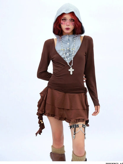 NANAICHILLI Soft Breathable Stretch Casual Slim Fit Young Adult Brown Long Sleeve T-Shirt