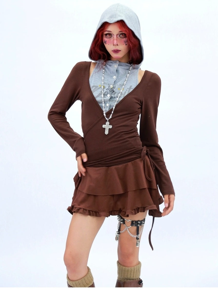 NANAICHILLI Soft Breathable Stretch Casual Slim Fit Young Adult Brown Long Sleeve T-Shirt