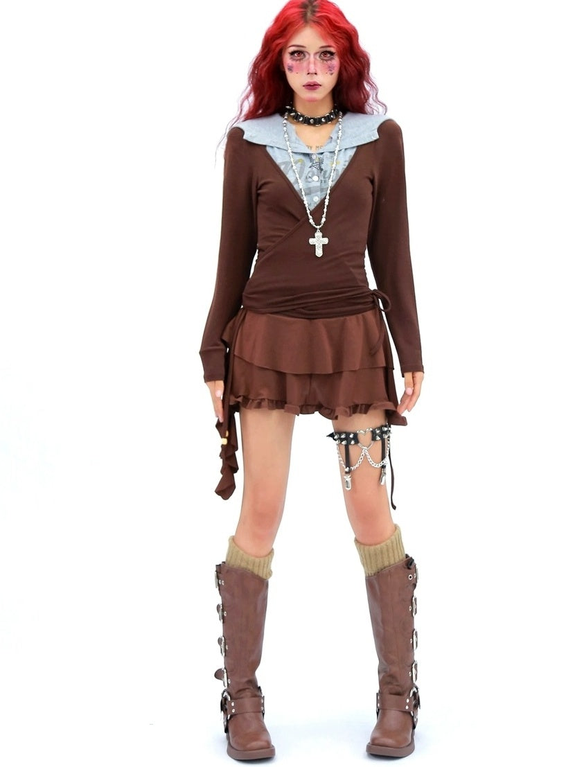 NANAICHILLI Soft Breathable Stretch Casual Slim Fit Young Adult Brown Long Sleeve T-Shirt