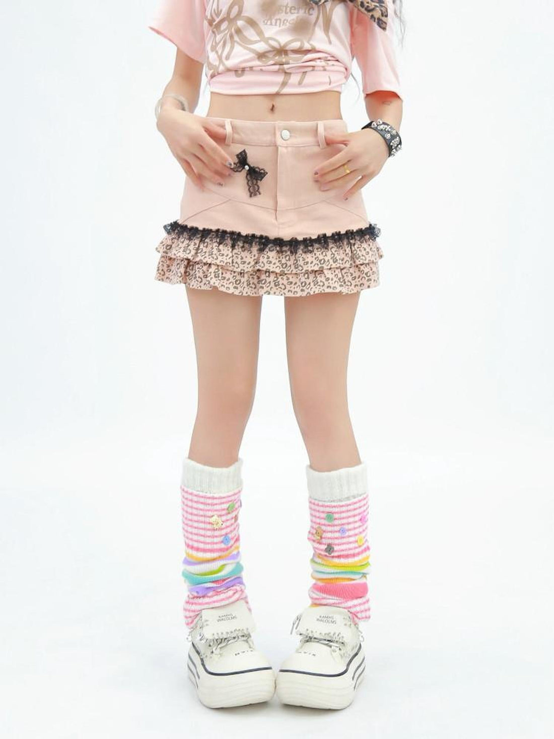 NANAICHILLI Soft Pure Cotton Light Pink Leopard Low Rise A Line Mini Skirt