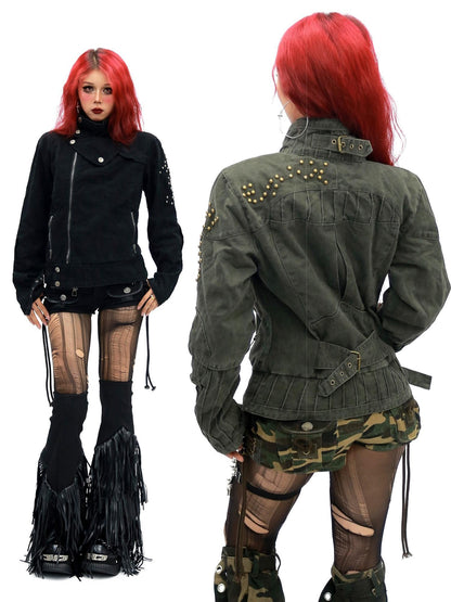 NANAICHILLI Studded Fitted Waist Dark Goth Cropped Cotton Embroidered Zip Utility Jacket