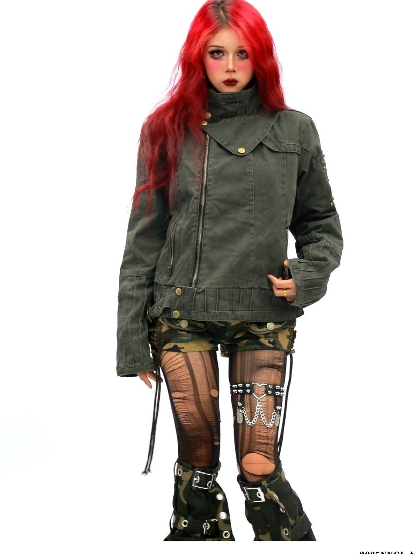 NANAICHILLI Studded Fitted Waist Dark Goth Cropped Cotton Embroidered Zip Utility Jacket