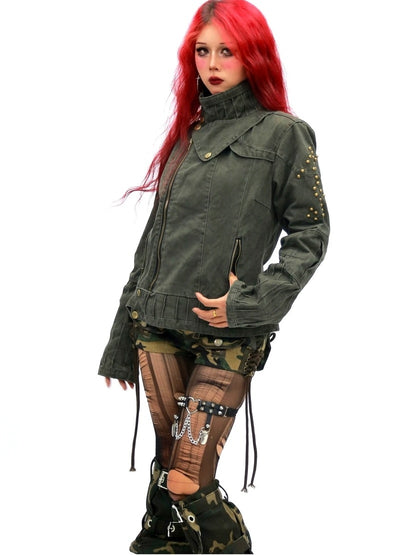 NANAICHILLI Studded Fitted Waist Dark Goth Cropped Cotton Embroidered Zip Utility Jacket