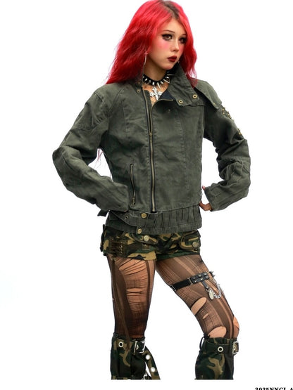 NANAICHILLI Studded Fitted Waist Dark Goth Cropped Cotton Embroidered Zip Utility Jacket