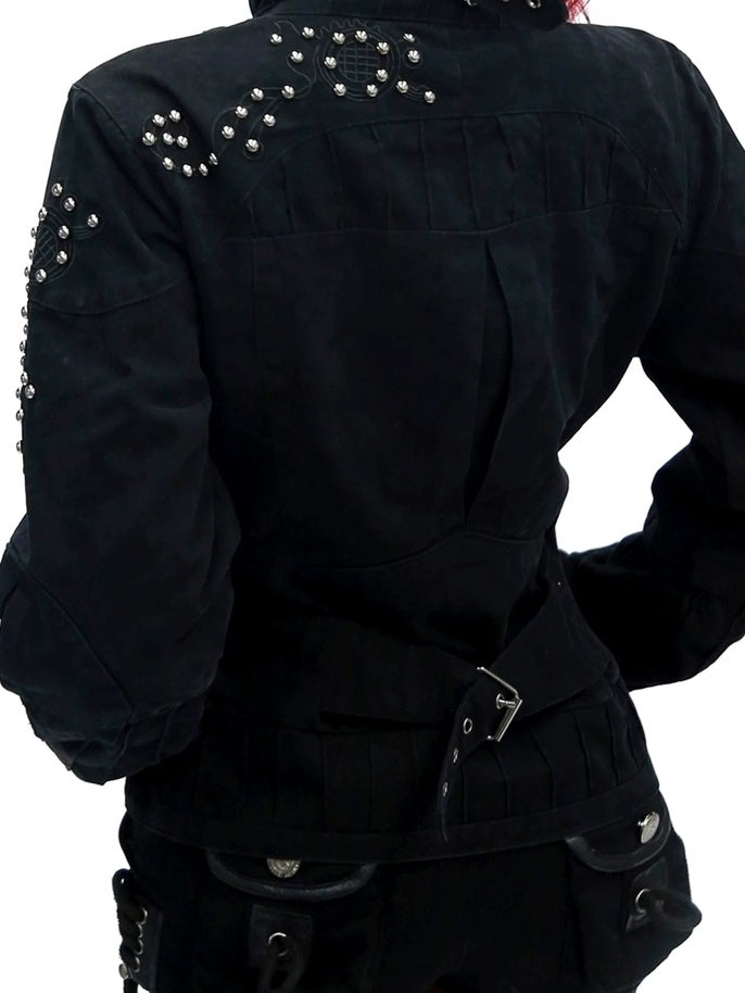 NANAICHILLI Studded Fitted Waist Dark Goth Cropped Cotton Embroidered Zip Utility Jacket