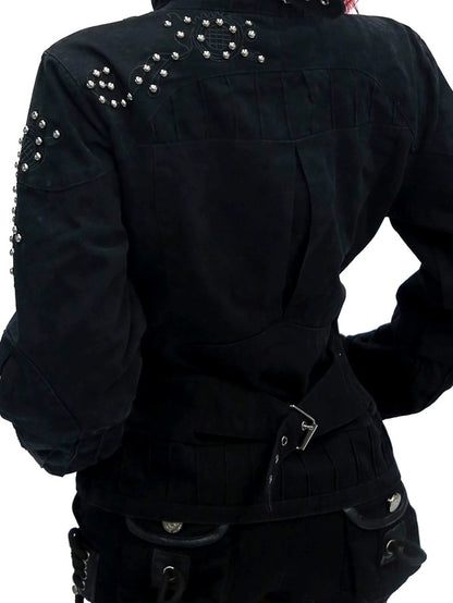 NANAICHILLI Studded Fitted Waist Dark Goth Cropped Cotton Embroidered Zip Utility Jacket