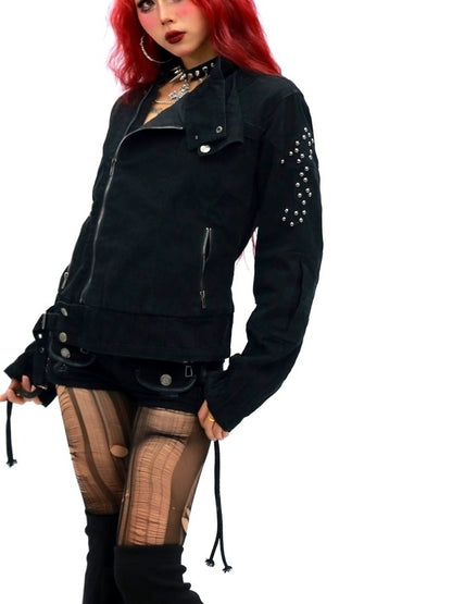 NANAICHILLI Studded Fitted Waist Dark Goth Cropped Cotton Embroidered Zip Utility Jacket