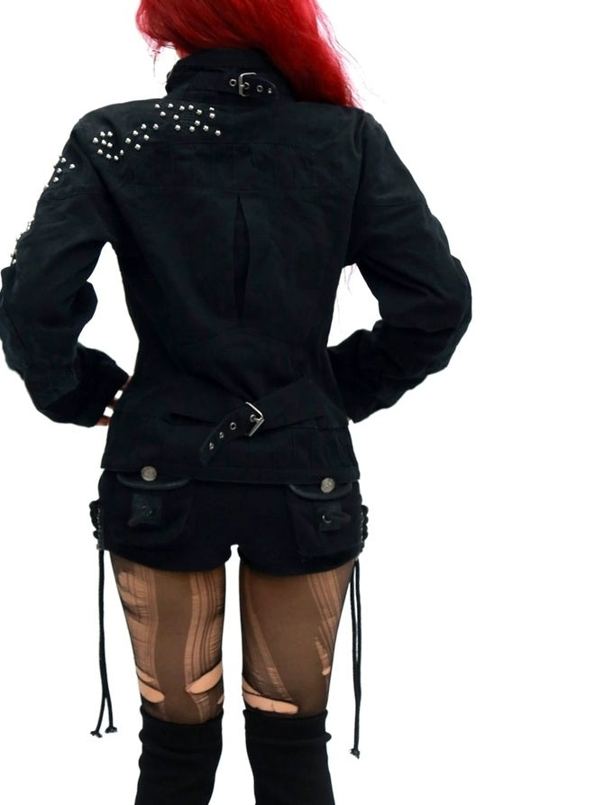 NANAICHILLI Studded Fitted Waist Dark Goth Cropped Cotton Embroidered Zip Utility Jacket