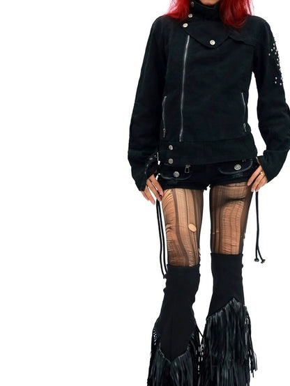 NANAICHILLI Studded Fitted Waist Dark Goth Cropped Cotton Embroidered Zip Utility Jacket