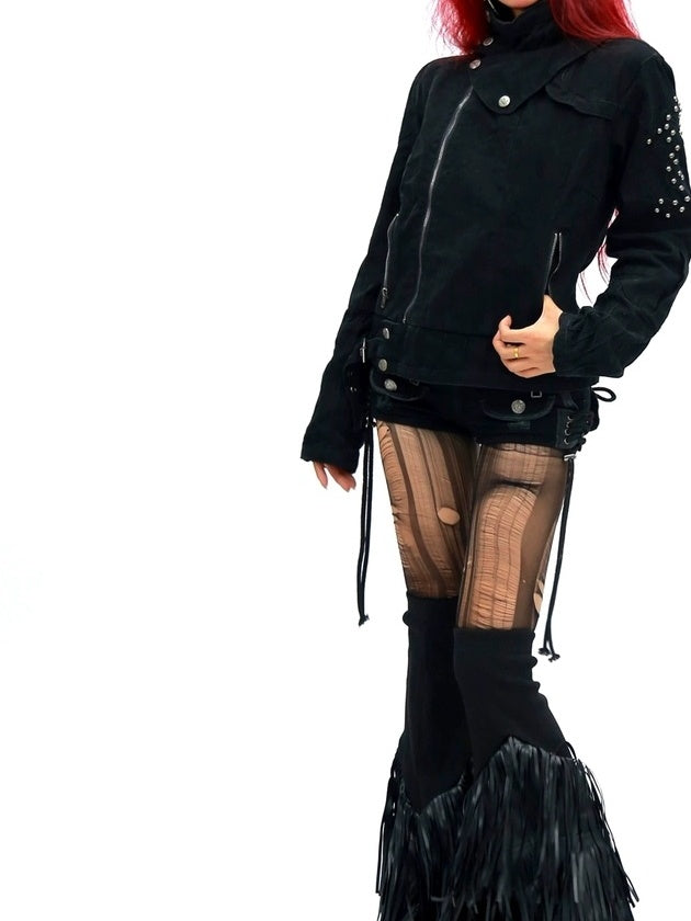 NANAICHILLI Studded Fitted Waist Dark Goth Cropped Cotton Embroidered Zip Utility Jacket