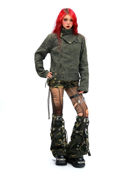 NANAICHILLI Studded Fitted Waist Dark Goth Cropped Cotton Embroidered Zip Utility Jacket