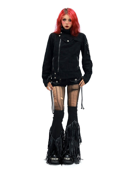 NANAICHILLI Studded Fitted Waist Dark Goth Cropped Cotton Embroidered Zip Utility Jacket