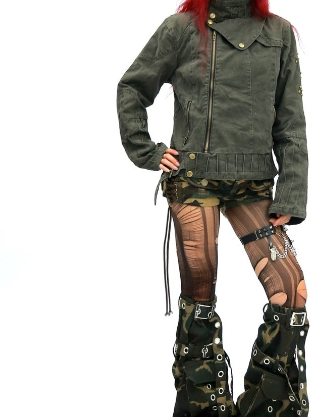 NANAICHILLI Studded Fitted Waist Dark Goth Cropped Cotton Embroidered Zip Utility Jacket