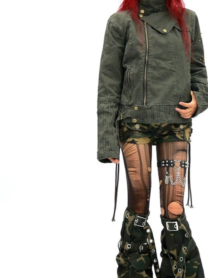 NANAICHILLI Studded Fitted Waist Dark Goth Cropped Cotton Embroidered Zip Utility Jacket