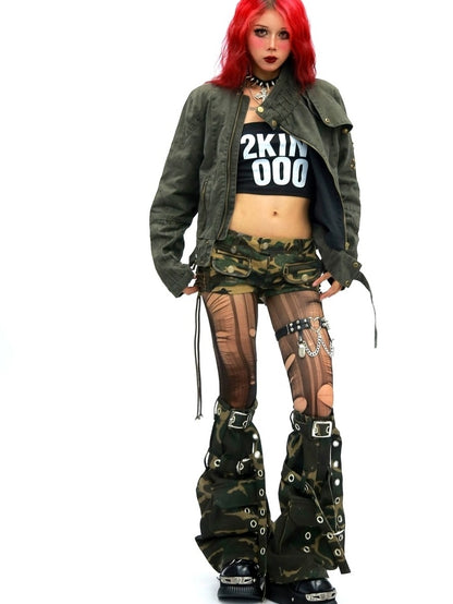 NANAICHILLI Studded Fitted Waist Dark Goth Cropped Cotton Embroidered Zip Utility Jacket