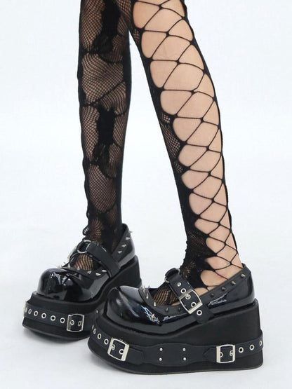 NANAICHILLI Studded Super High Heel Mary Jane Platform Round Toe Pu Non Slip Black Shoes