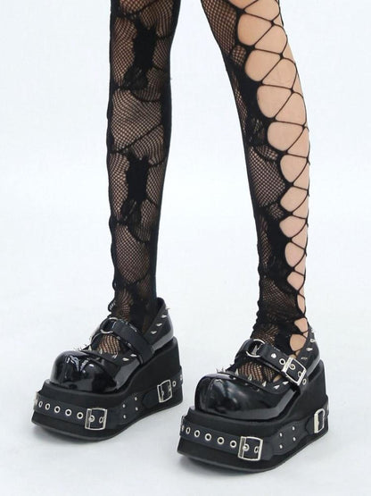 NANAICHILLI Studded Super High Heel Mary Jane Platform Round Toe Pu Non Slip Black Shoes