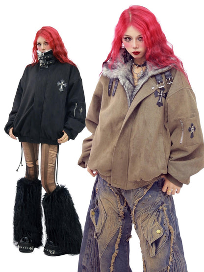 NANAICHILLI Thick Cotton Lined Pocketed Street Oversized Unisex Zip Polyester Puffer Jacket